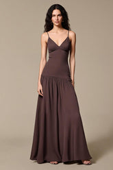 Kaffee Chiffon A-Linie Spaghettiträger Langes Abendkleid